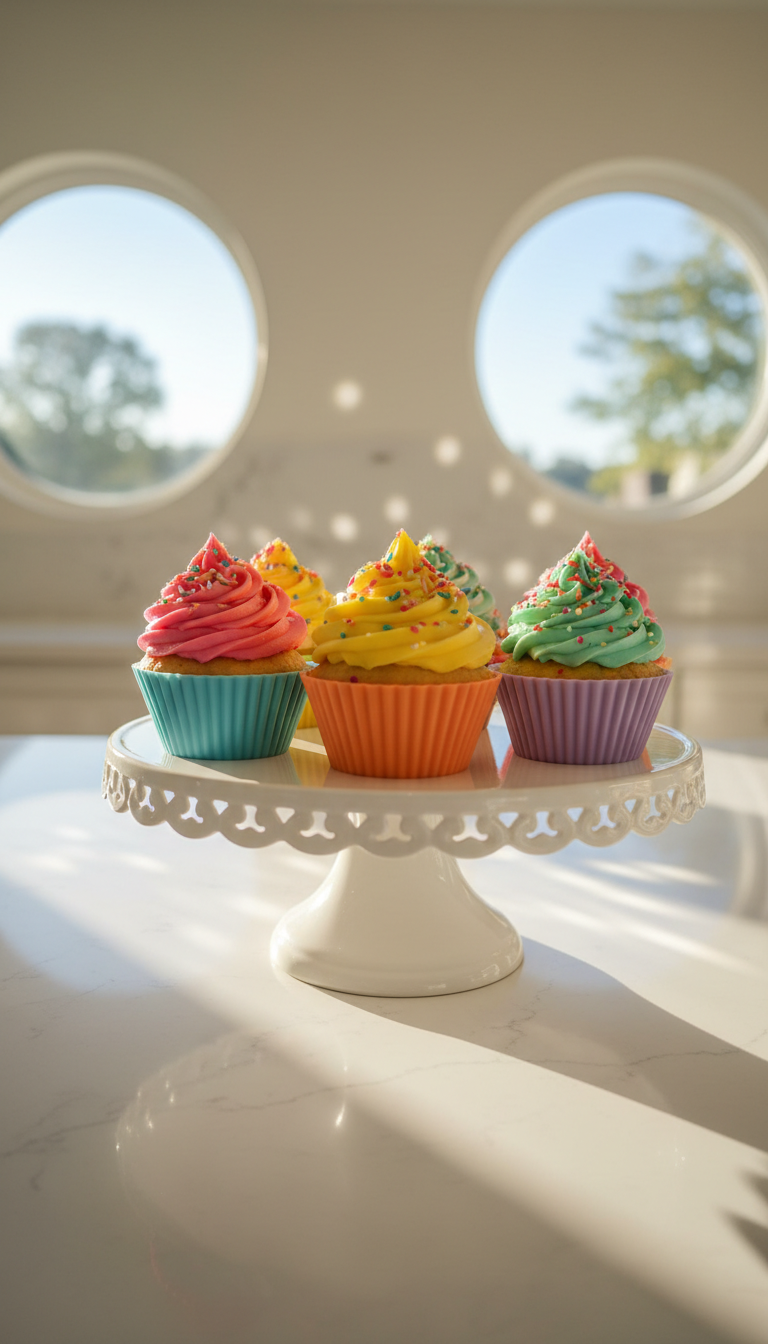 A whimsical arrangement of colorfully frosted cupcakes with rounded, towering swirls of buttercream in bright pink, sunny yellow, and mint green, each adorned with rainbow sprinkles and placed in playful silicone cupcake holders. The cupcakes are displayed on a white, round pedestal cake stand set on a bright, sunlit kitchen island with large round windows in the background. Early morning light streams in, casting circular reflections and soft, energetic highlights on the frosting. The mood is cheerful and vibrant, full of youthful energy. Captured at a slightly low eye-level angle for an inviting perspective, with a sharp foreground and soft bokeh background. The photographic image uses bright colors and rounded forms to reinforce the bakery's playful personality and joyful approach to classic treats.