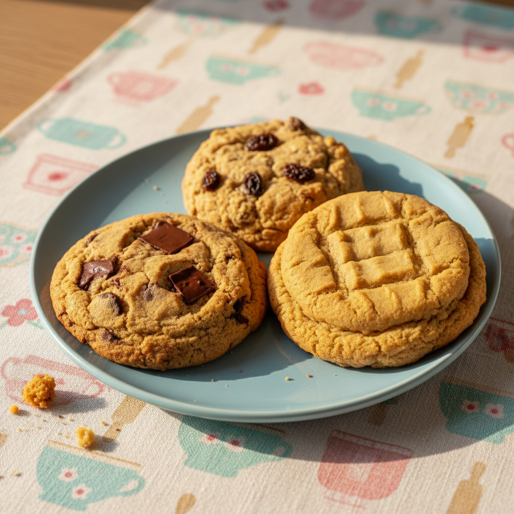 A close-up of three oversized, pillowy cookies—one classic chocolate chip, one oatmeal raisin with visible plump raisins, and one rich peanut butter cookie with deep crosshatch marks—resting on a round, pastel blue ceramic plate. The background features a whimsically patterned linen tablecloth in soft, playful hues, with scattered crumbs adding a sense of casual delight. Soft afternoon sunlight filters in from the left, highlighting textures and casting gentle, rounded shadows. The atmosphere is inviting and energetic, brimming with cozy cottage-bakery charm. The composition places the cookies slightly off-center using the rule of thirds, with a shallow depth of field drawing the eye to the cookie details. Photographic style is bright and clean, emphasizing the bakery’s playful yet wholesome offerings.